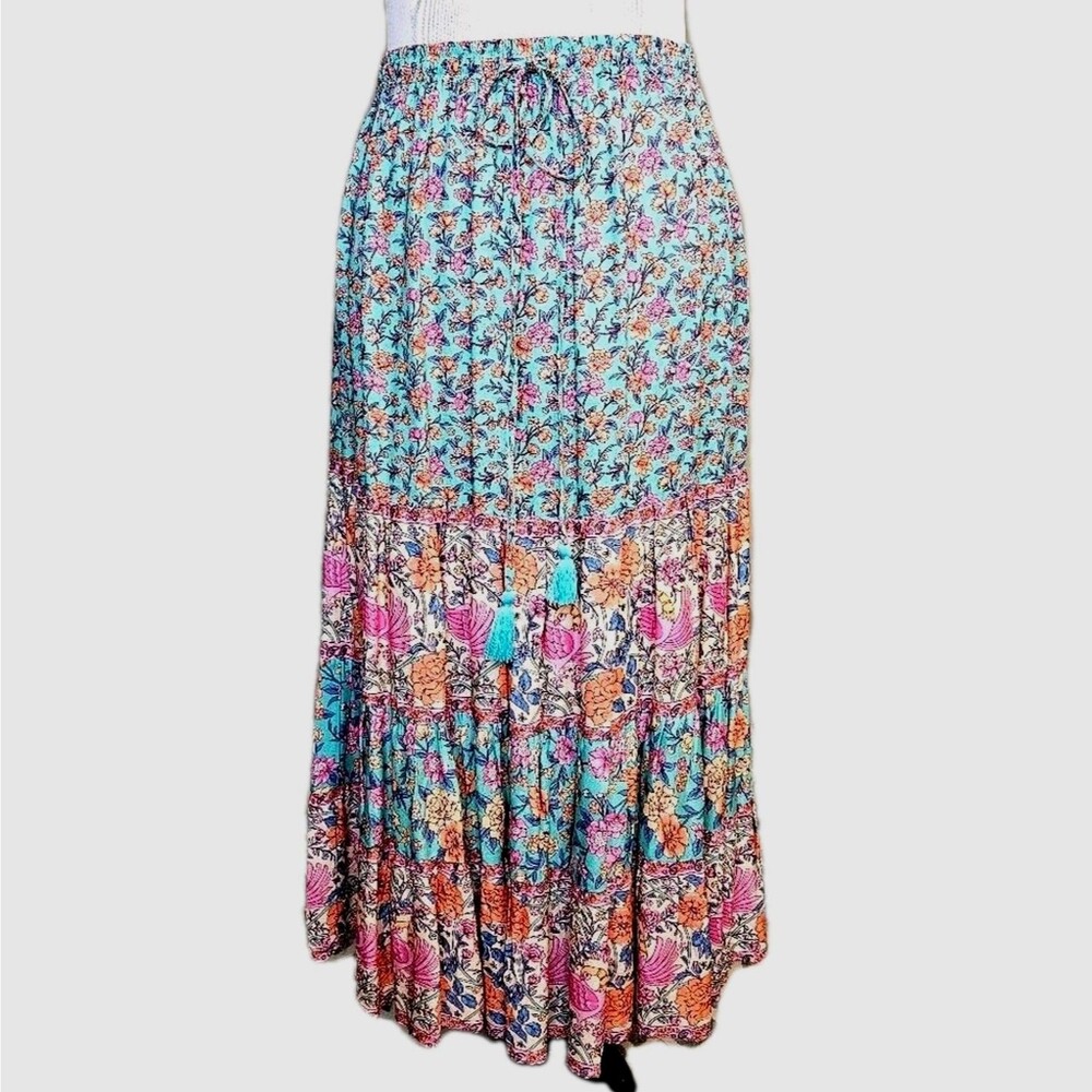 Arnhem Boho Meadow Floral Alternate Print Tiered Jacobean Print Midi Skirt